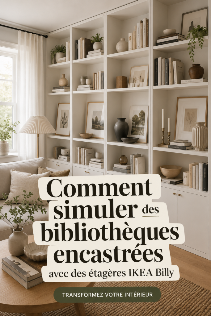 Étapes pour simuler des bibliothèques encastrées avec des étagères IKEA dans un intérieur moderne.