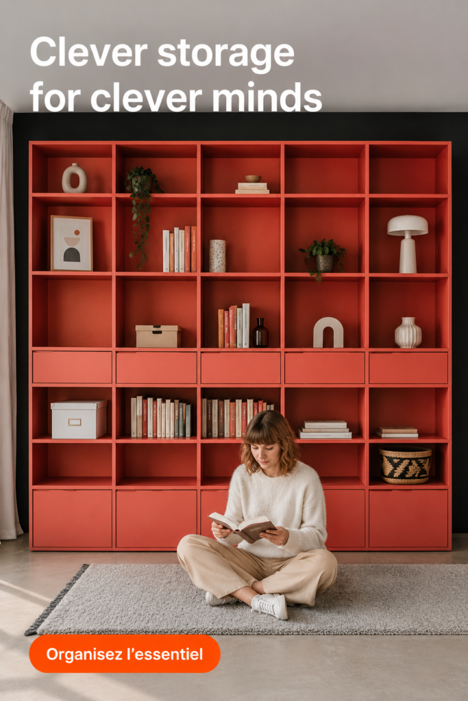 Un salon bien organisé avec des solutions de rangement pratiques et esthétiques.