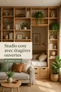 Un studio cosy avec des étagères ouvertes bien organisées