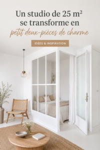Un studio lumineux aménagé en deux-pièces cosy, avec des meubles pratiques et une décoration chaleureuse.