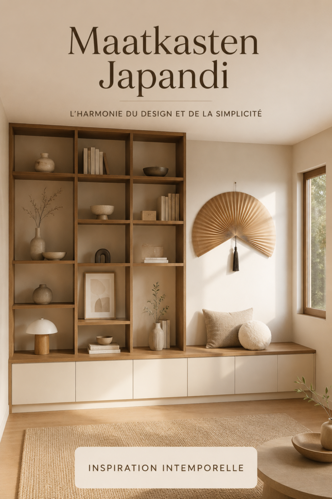 Un intérieur décoré dans le style Japandi, alliant minimalisme et chaleur, avec des meubles en bois et des touches naturelles.