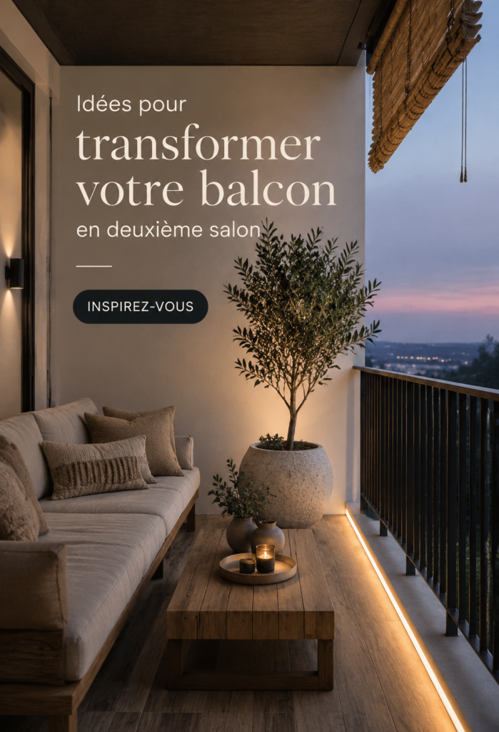 Balcon transformé en salon cosy avec des coussins et des plantes.
