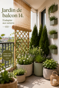 Un balcon fleuri avec des plantes d'été colorées et des meubles confortables.