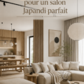 Salon décoré dans le style Japandi avec des meubles en bois clair et des textiles doux.