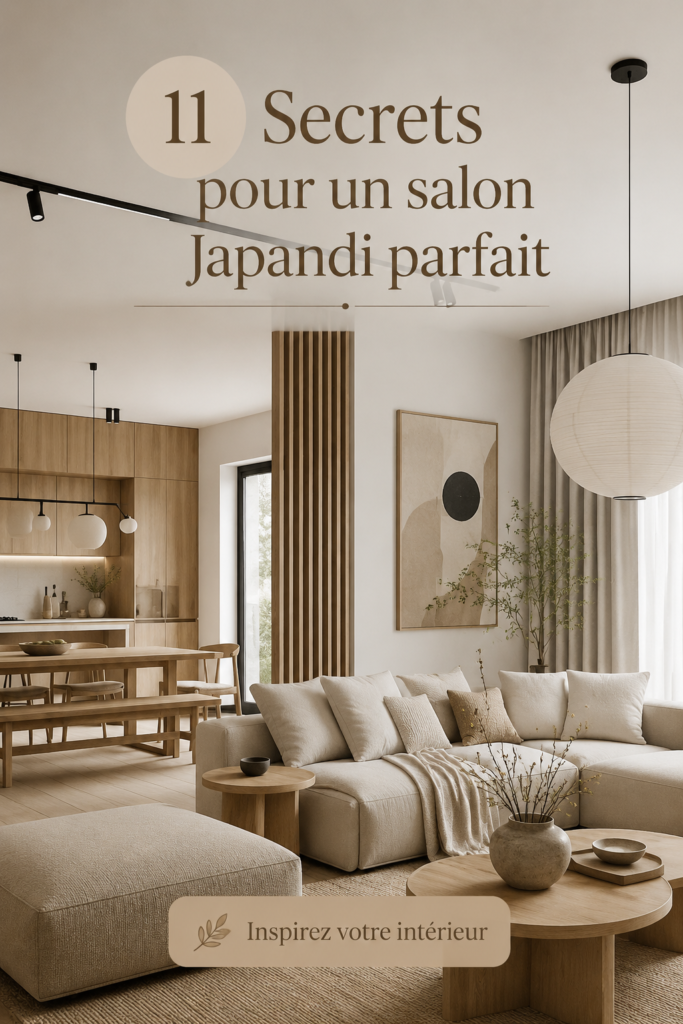 Salon décoré dans le style Japandi avec des meubles en bois clair et des textiles doux.