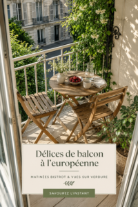 Balcon décoré avec une table à café et des plantes luxuriantes, parfait pour un matin ensoleillé