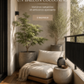 Balcon cosy décoré dans le style Japandi, avec des matériaux naturels et des plantes.