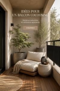 Balcon cosy décoré dans le style Japandi, avec des matériaux naturels et des plantes.