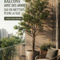 Un balcon aménagé avec de grands arbres verts, créant un coin de verdure apaisant.