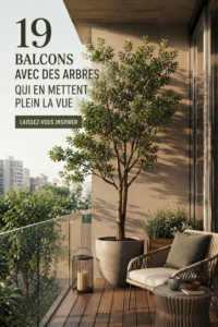 Un balcon aménagé avec de grands arbres verts, créant un coin de verdure apaisant.