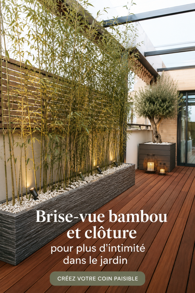 Brise-vue en bambou, créant un espace intime dans un jardin fleuri