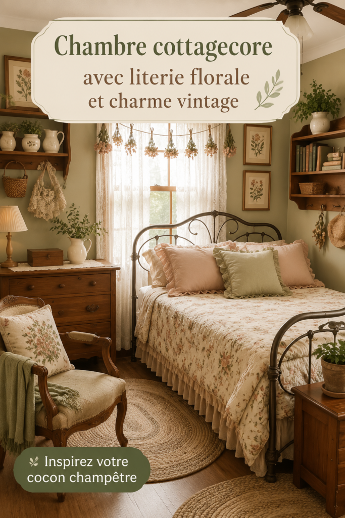 Chambre élégante decorée dans un style cottagecore avec du linge floral et des éléments vintage.