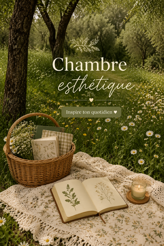Chambre d'étudiant décorée dans un style esthétique, avec des couleurs pastel et des décorations murales.