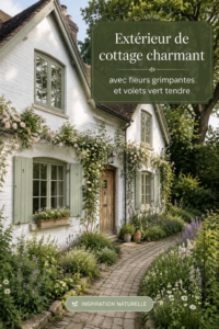 Un cottage charmant avec des fleurs grimpantes et des volets verts.