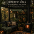 Intérieur d'une maison avec une décoration cottage gothique, mélange de couleurs sombres et d'éléments naturels.