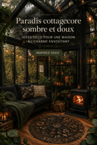 Intérieur d'une maison avec une décoration cottage gothique, mélange de couleurs sombres et d'éléments naturels.