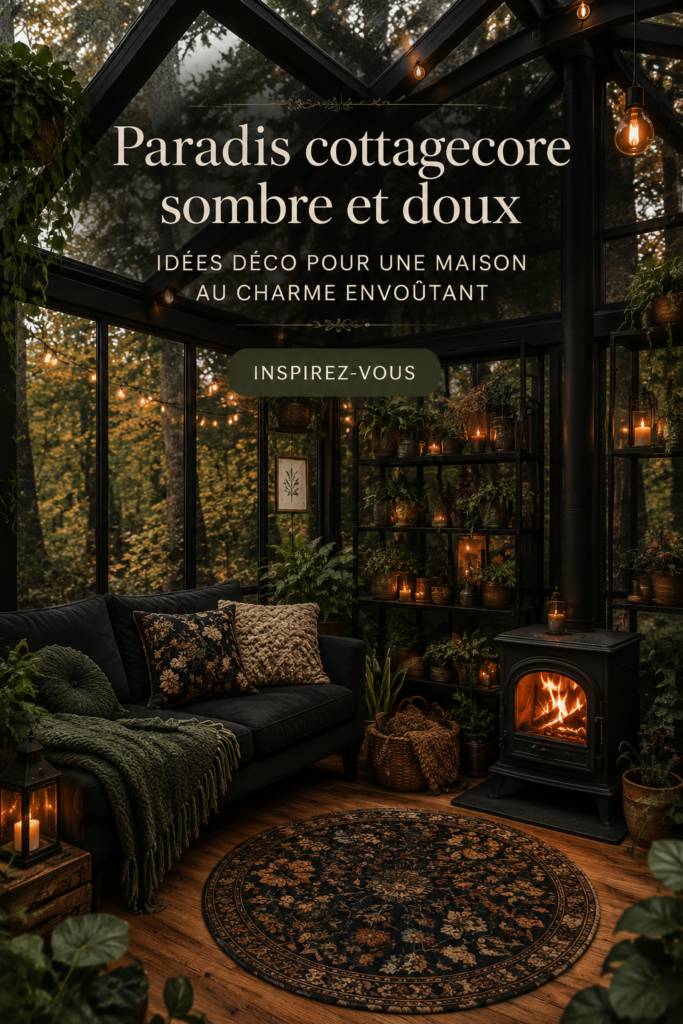 Intérieur d'une maison avec une décoration cottage gothique, mélange de couleurs sombres et d'éléments naturels.