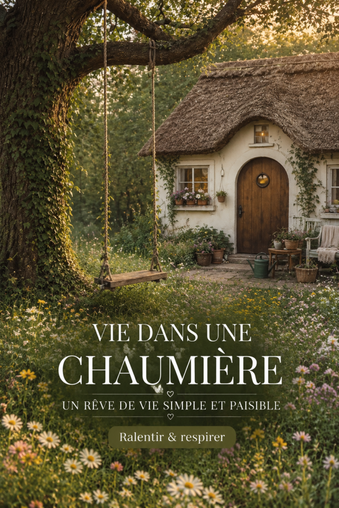Un cottage traditionnel avec un toit de chaume au milieu d'une verdure luxuriante