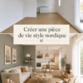 Salon lumineux au style nordique avec des meubles en bois clair et des textiles doux.