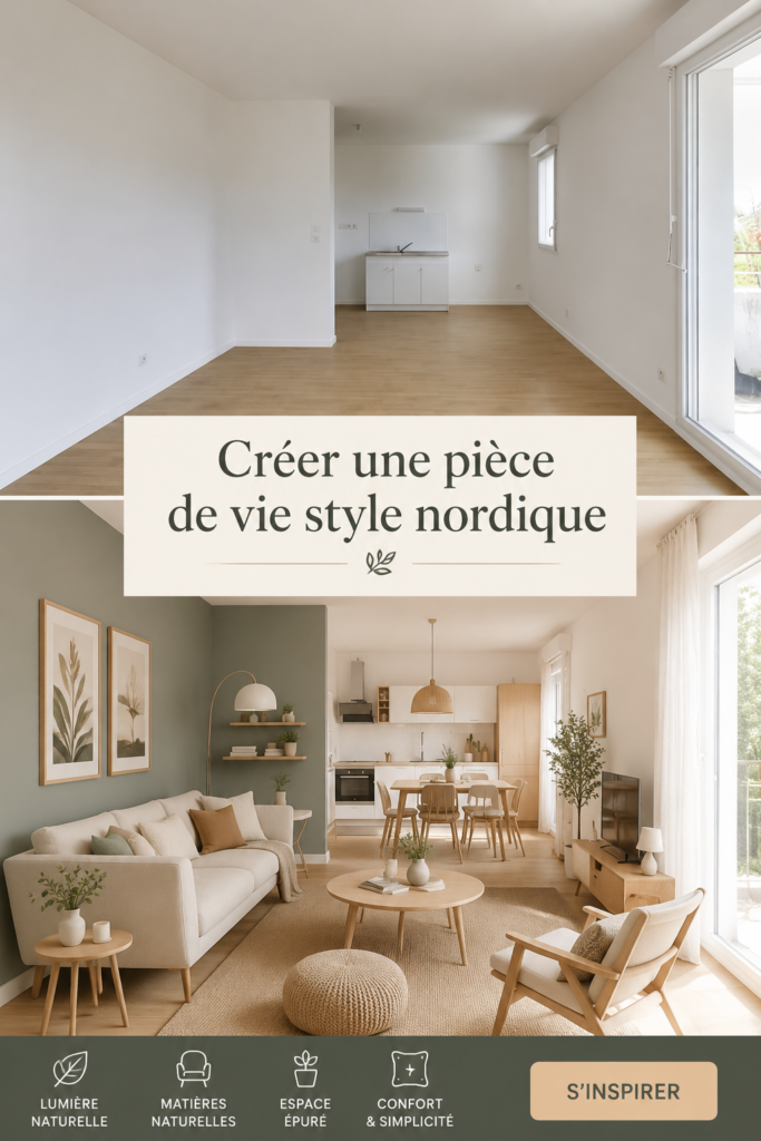 Salon lumineux au style nordique avec des meubles en bois clair et des textiles doux.