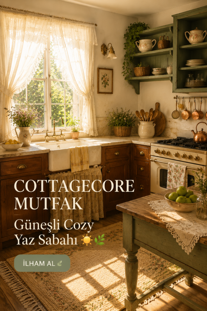 Cuisine cottagecore avec des éléments naturels et une décoration estivale chaleureuse.