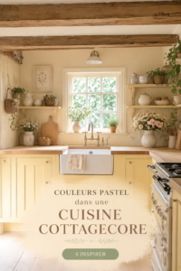 Cuisine cottagecore avec des couleurs pastel douces et chaleureuses