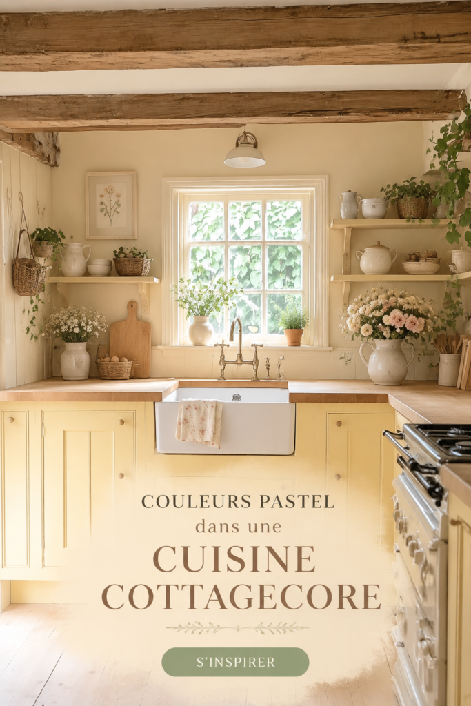 Cuisine cottagecore avec des couleurs pastel douces et chaleureuses