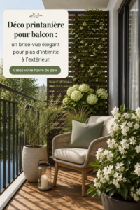 Un balcon décoré offrant intimité et style avec des plantes et des éléments décoratifs.