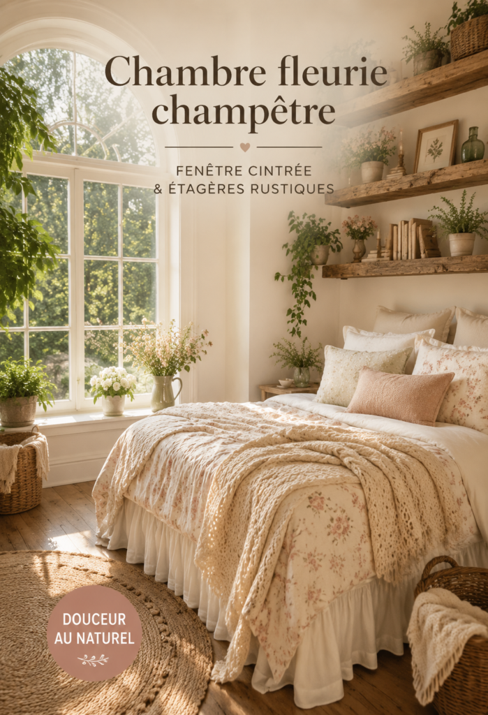 Chambre décorée dans un style cottagecore avec fenêtres arrondies et étagères rustiques