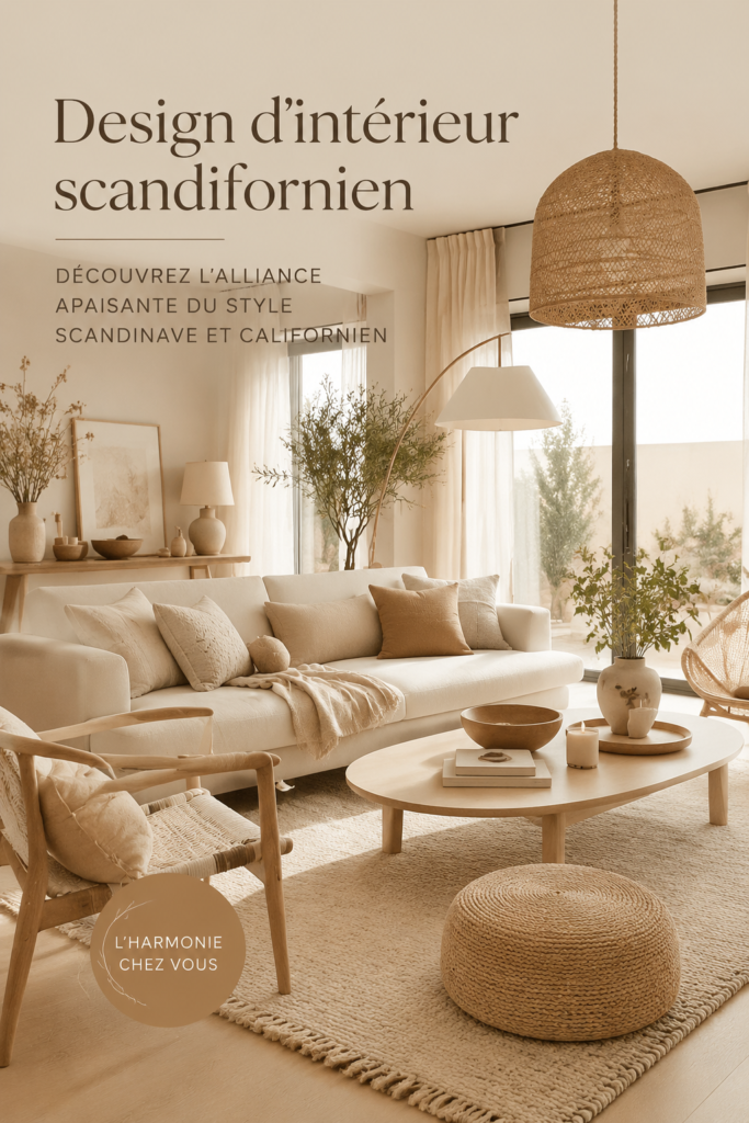 Salon avec design d'intérieur Scandifornian, fusion de style scandinave et californien