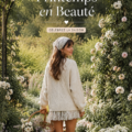Femme portant une tenue printanière légère et colorée dans un jardin fleuri.