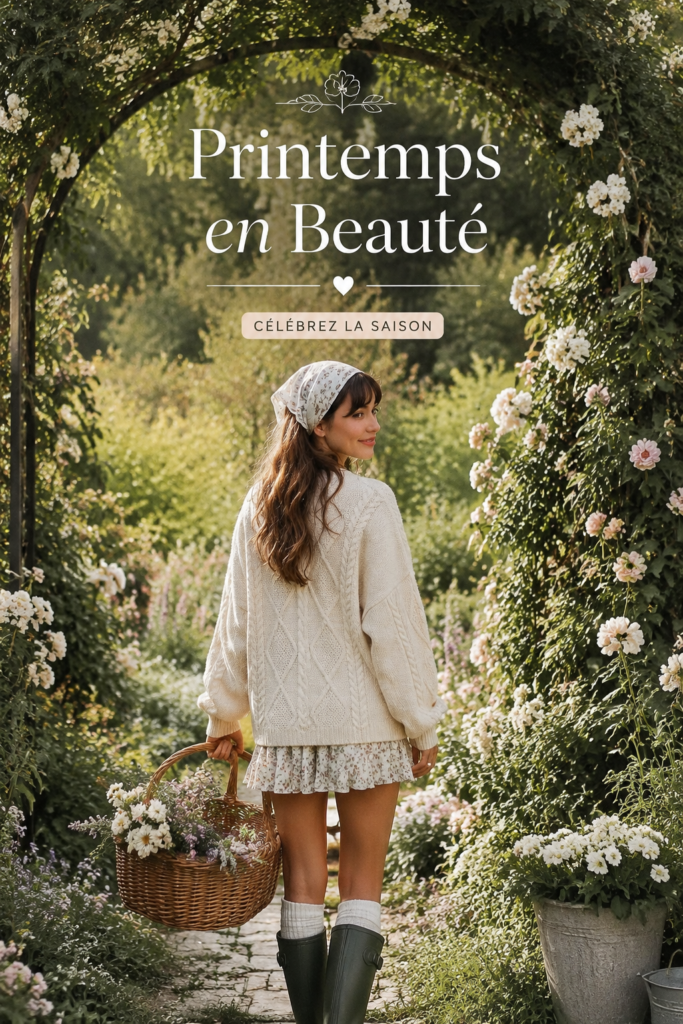 Femme portant une tenue printanière légère et colorée dans un jardin fleuri.