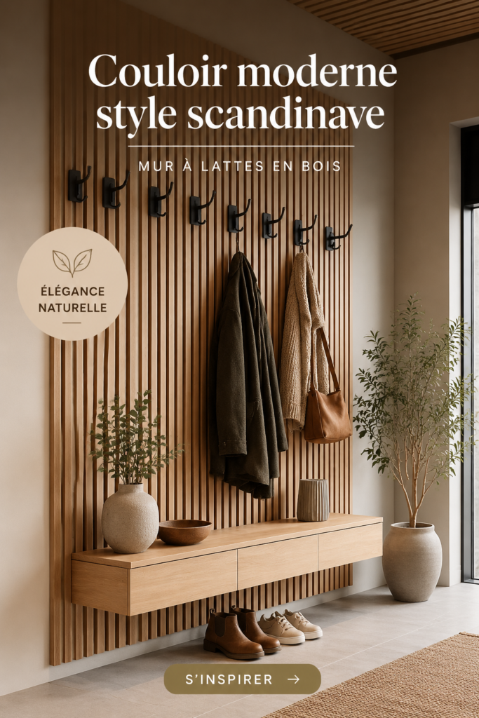 Un hall d'entrée scandinave avec un mur en lattes et des éléments décoratifs modernes.