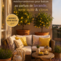 Balcon décoré avec des plantes de lavande et des éléments en terracotta