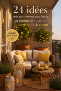 Balcon décoré avec des plantes de lavande et des éléments en terracotta