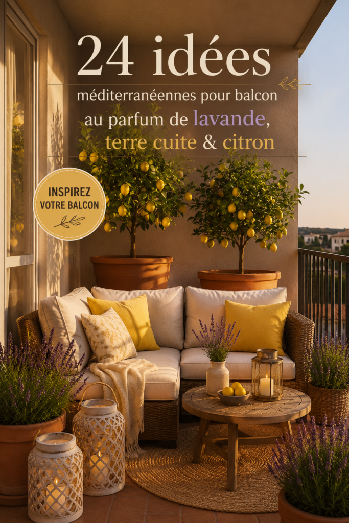 Balcon décoré avec des plantes de lavande et des éléments en terracotta