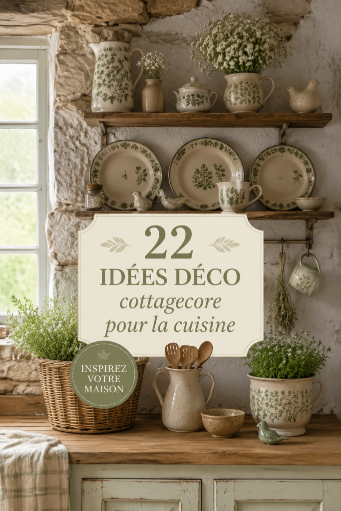 Une cuisine décorée dans un style cottage core avec des matériaux naturels et des couleurs douces.