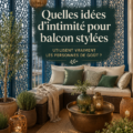 Balcon décoré avec des plantes et des rideaux pour préserver l'intimité.