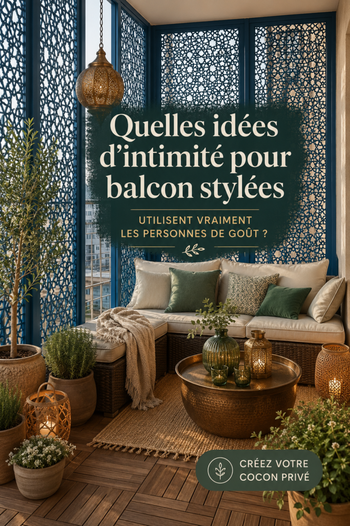 Balcon décoré avec des plantes et des rideaux pour préserver l'intimité.