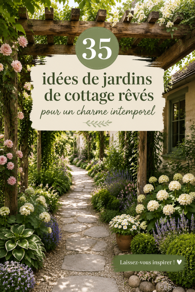 Un jardin de cottage fleuri avec des plantes colorées et des chemins en gravier, représentant un charme intemporel.