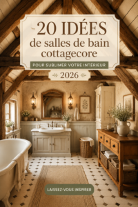 Salle de bain décorée dans un style cottagecore, avec des éléments naturels et des couleurs douces.