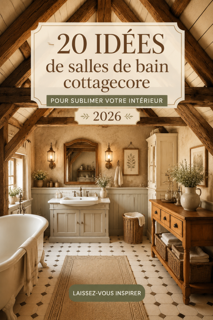 Salle de bain décorée dans un style cottagecore, avec des éléments naturels et des couleurs douces.
