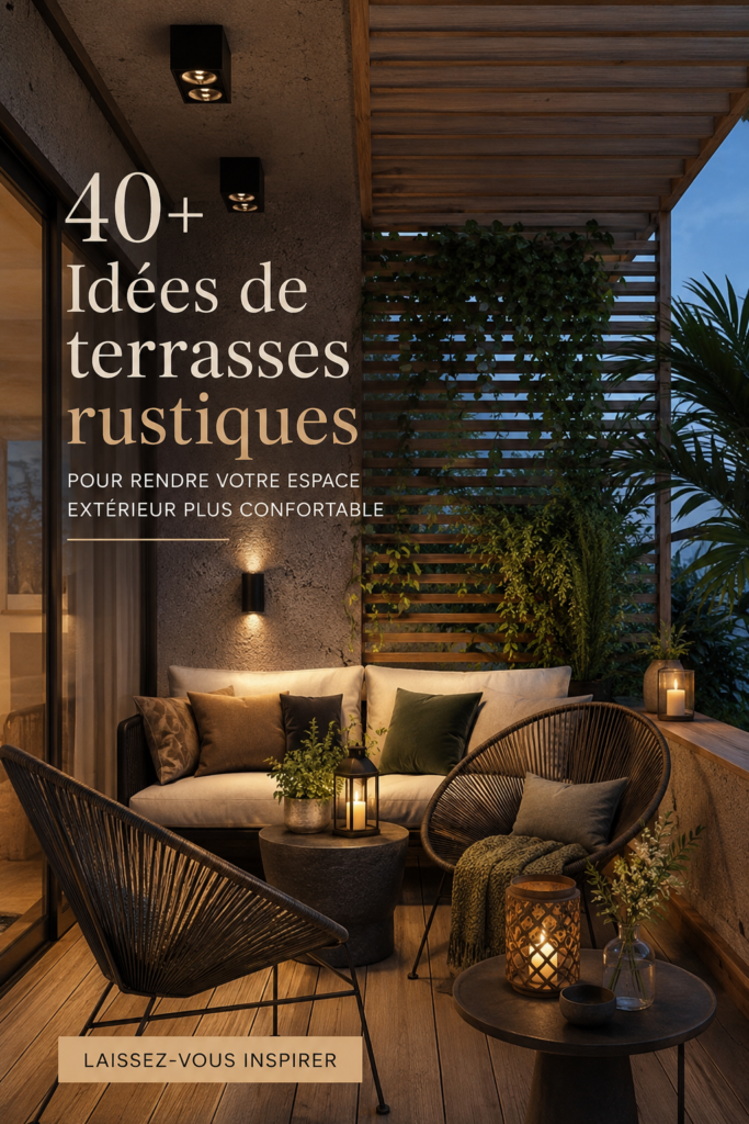 Une belle terrasse rustique en bois entourée de verdure, idéale pour se détendre.