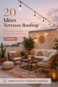 Terrasse sur le toit décorée avec des plantes et du mobilier extérieur