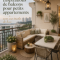 Un balcon élégant avec des meubles modernes et des plantes vertes, parfait pour un appartement