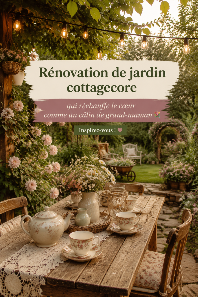 Jardin cosy avec des fleurs colorées et des meubles vintage
