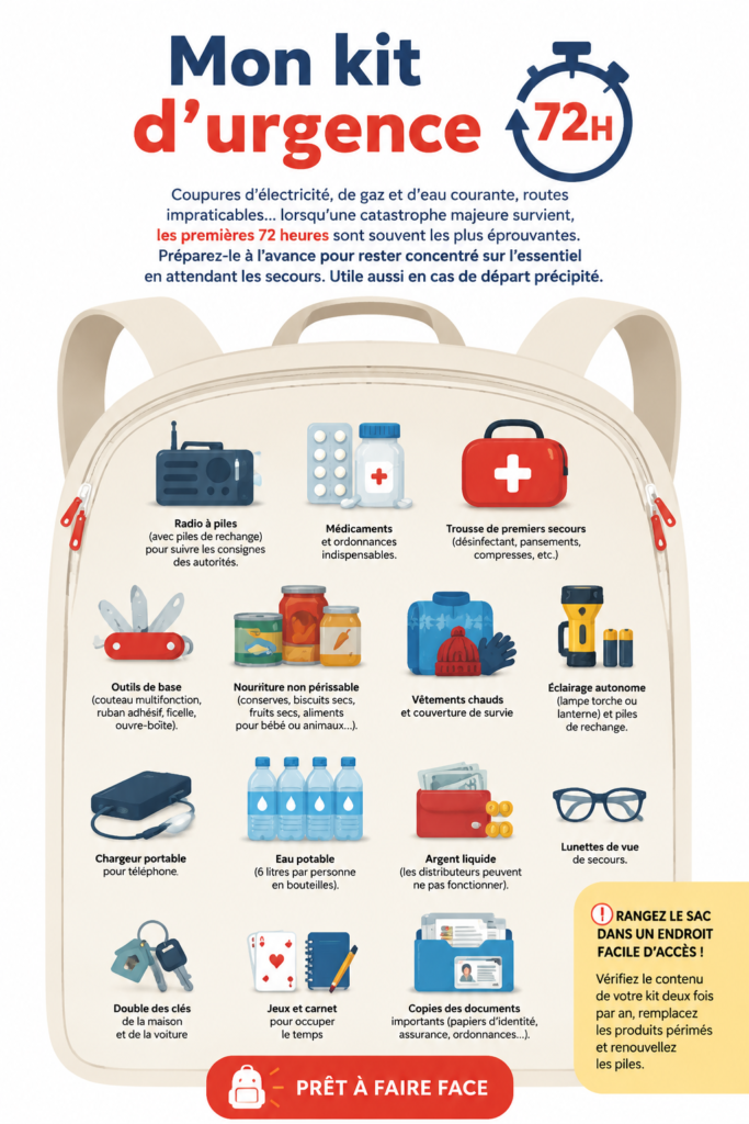 Kit d'urgence assemblé avec divers éléments essentiels pour faire face à des imprévus de 72 heures.