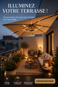 Un élégant parasol solaire installé sur une terrasse, éclairant l'espace en soirée.