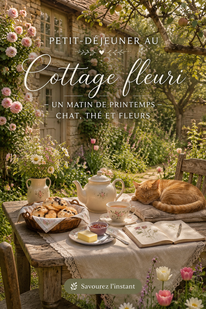Petit déjeuner printanier avec fleurs et thé dans un jardin cosy.