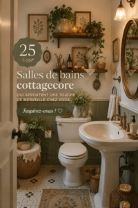 Une salle de bain cottagecore chaleureuse avec des éléments en bois et des plantes.